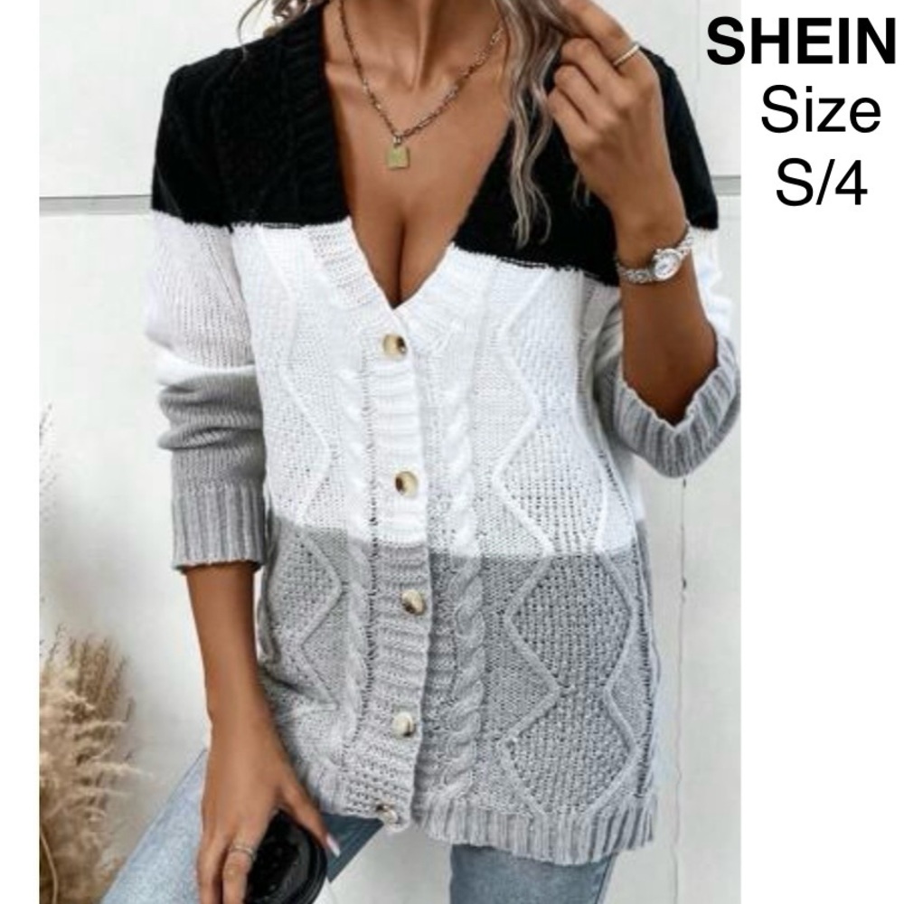 Black White Gray Colorblock Sweater Knit V-neck Button Down Top Tunic Cardigan